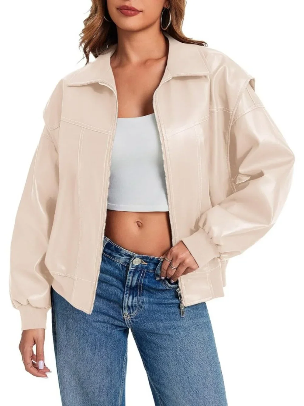 Women's Apricot Oversized Faux Leather Bomber Jacket Motorcycle ZIP Up Coat
